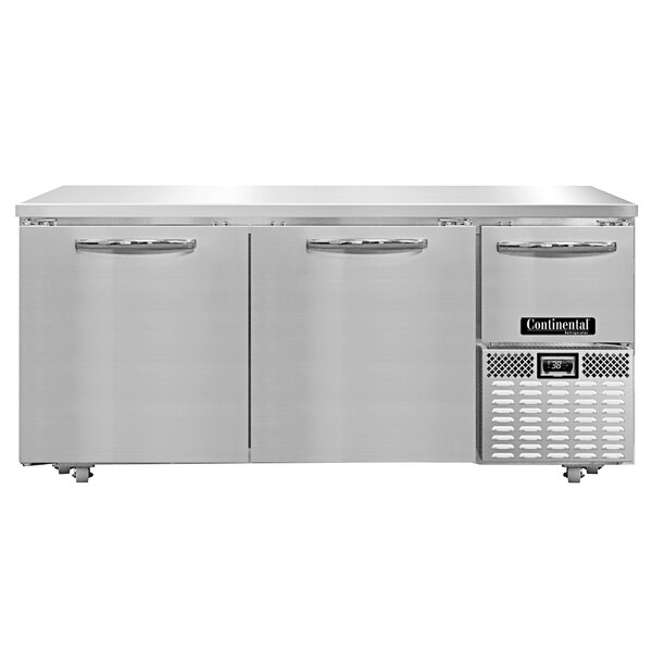 A stainless steel Continental Undercounter Refrigerator with two drawers.