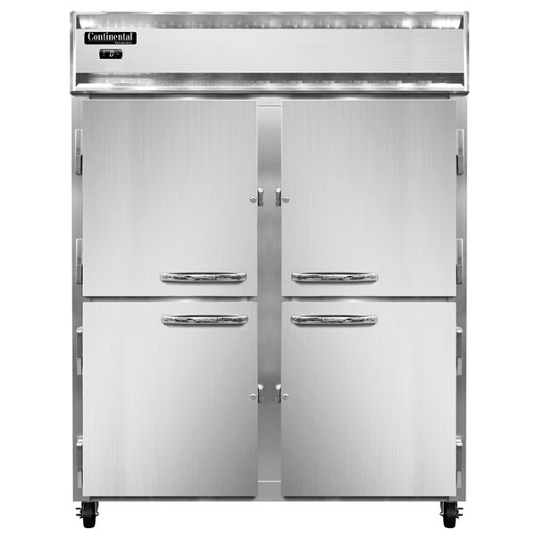 A white Continental Refrigerator with two stainless steel half doors with silver handles.