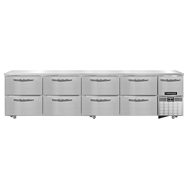 A stainless steel Continental Refrigerator undercounter refrigerator with eight drawers and one half door.