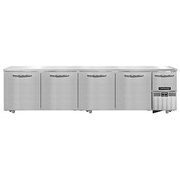 A white Continental Refrigerator undercounter refrigerator with a stainless steel handle and three drawers.