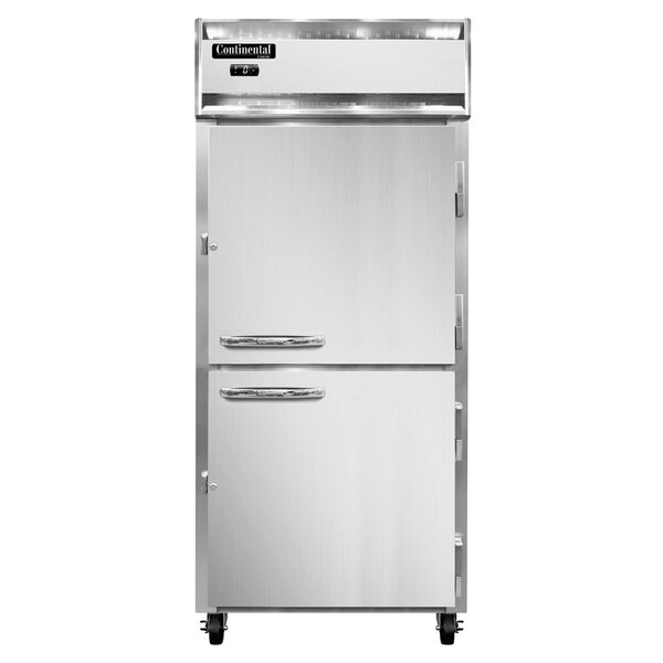 A white Continental Refrigerator reach-in freezer with two half doors and a handle.