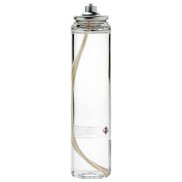 A clear glass Hollowick liquid candle fuel cartridge with a white cap and label.