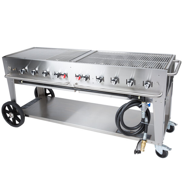A Crown Verity MCB-72 natural gas stainless steel grill on a counter with wheels.