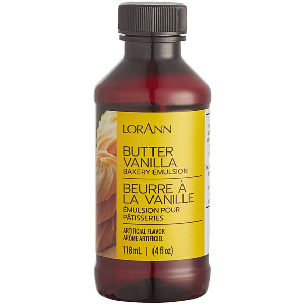 A bottle of LorAnn Butter Vanilla Bakery Emulsion with a yellow label.
