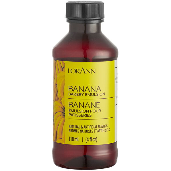 A jar of LorAnn Oils Banana Bakery Emulsion on a counter.