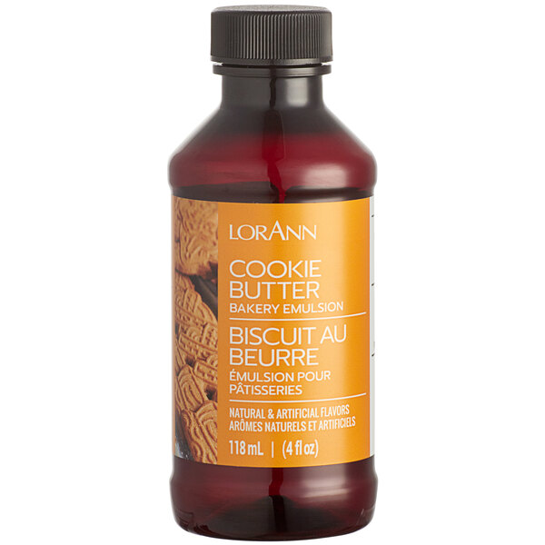 A bottle of LorAnn Oils Cookie Butter Bakery Emulsion on a counter.