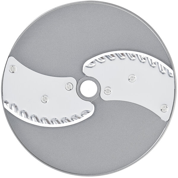 A Robot Coupe 5/64" ripple cut disc, a circular metal object with two metal blades on it.