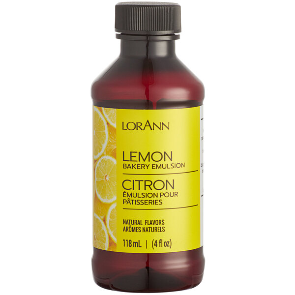 A bottle of LorAnn Lemon Bakery Emulsion on a counter.