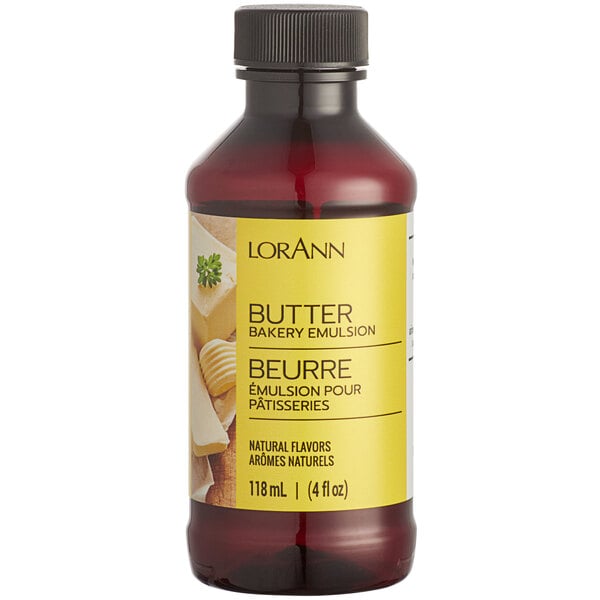 A LorAnn Oils bottle of All-Natural Butter Bakery Emulsion with a yellow label.