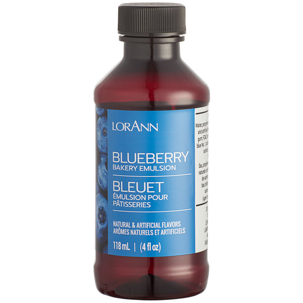 A bottle of LorAnn Oils Blueberry Bakery Emulsion with a blue label and cap.