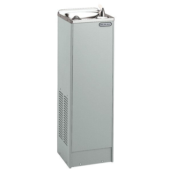 An Elkay light gray granite freestanding drinking fountain with a water dispenser.