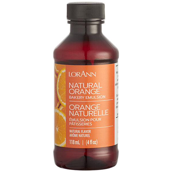 A close-up of a 4 fl. oz. bottle of LorAnn All-Natural Orange Bakery Emulsion.