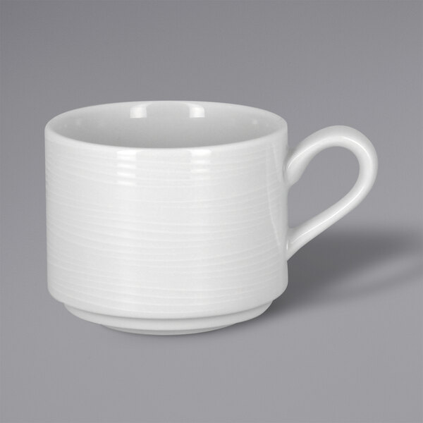A white RAK Porcelain coffee cup with a handle.