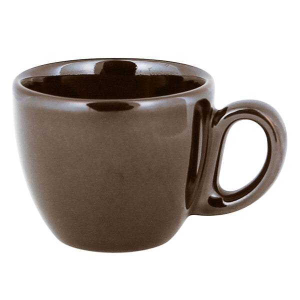 A glossy brown porcelain espresso cup with a handle.