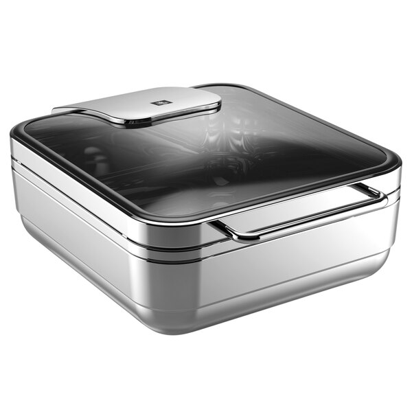 A square silver stainless steel chafer with a black lid.