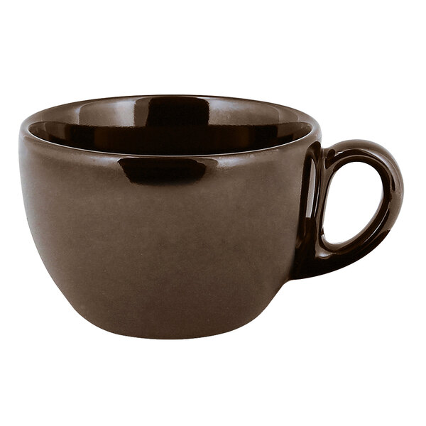A brown RAK Porcelain coffee cup with a handle.