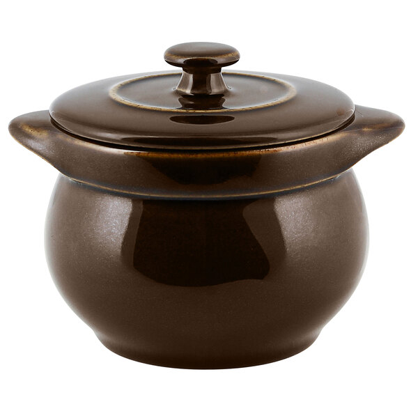A brown porcelain soup tureen with a lid.