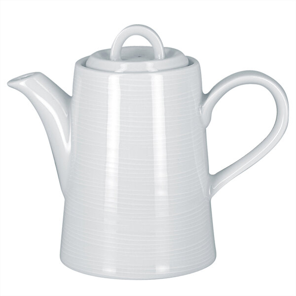 A white RAK porcelain teapot with a lid and handle.