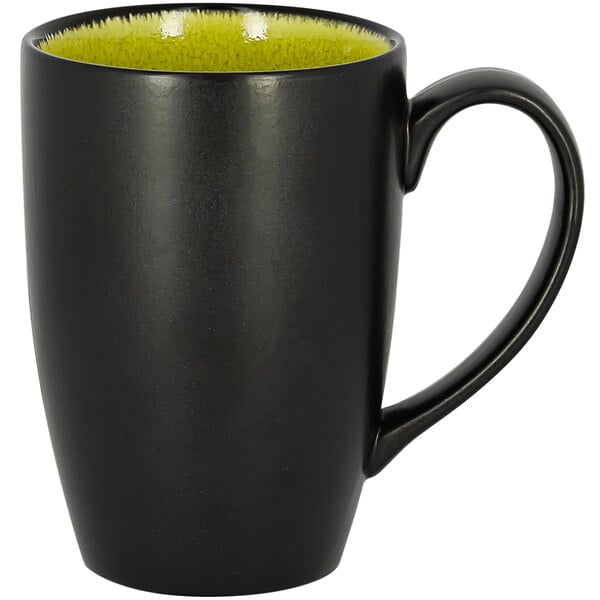 A black porcelain mug with a yellow rim.