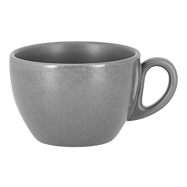 A grey RAK Porcelain coffee cup with a handle.