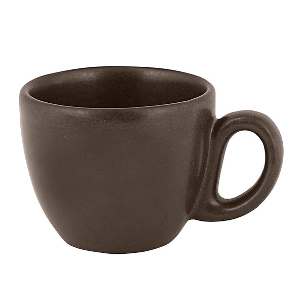 A brown porcelain espresso cup with a handle.