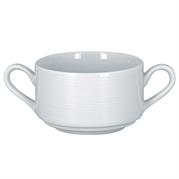 A white porcelain bouillon cup with two curved handles.