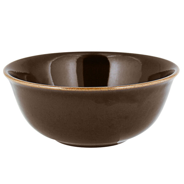 A brown bowl with a gold rim on a white background.