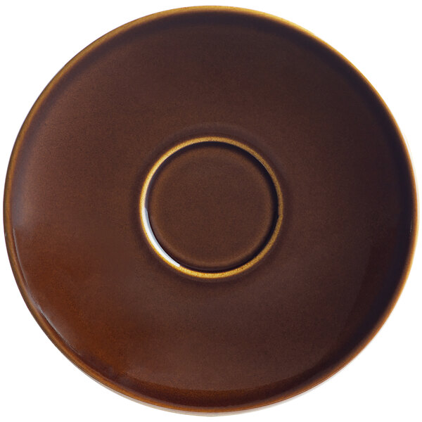 A brown RAK Porcelain saucer with a glossy finish and a circle in the middle.