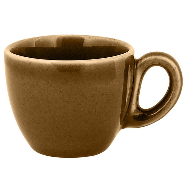 A brown RAK Porcelain espresso cup with a handle on a white background.