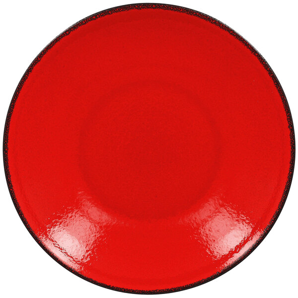 A RAK Porcelain red porcelain coupe plate with a black border.