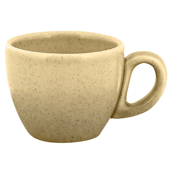 A RAK Porcelain white espresso cup with a handle on a white background.