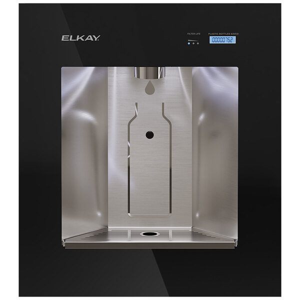 An Elkay black built-in water bottle filling station with a water drop.