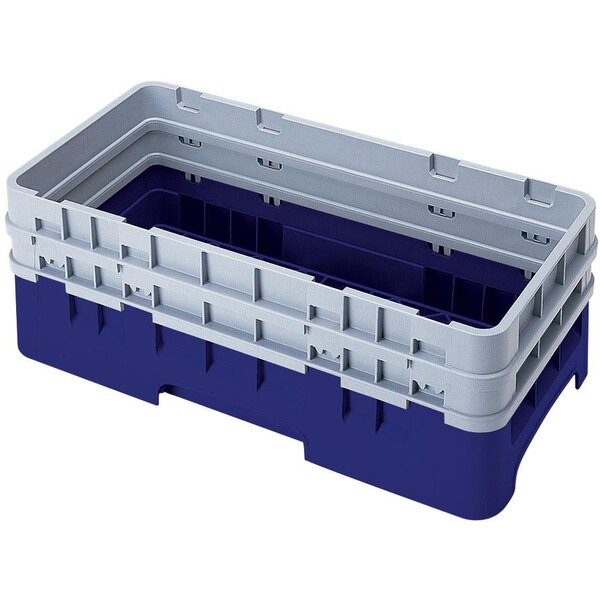 A navy blue and grey plastic Cambro dish rack with extenders.