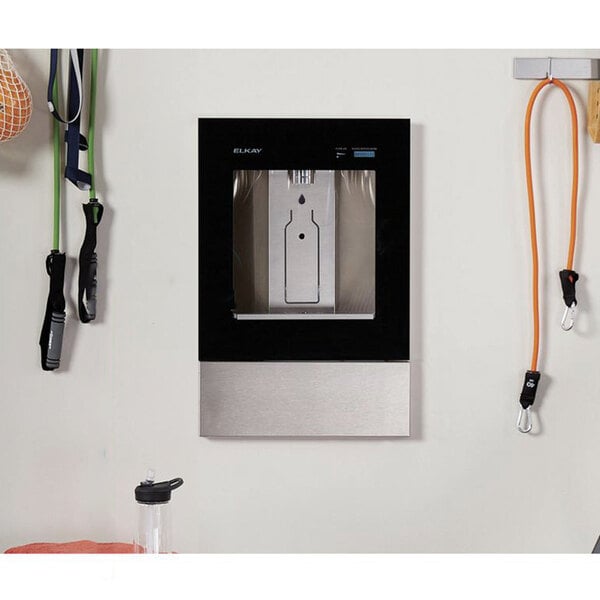 An Elkay midnight black wall-mounted water dispenser with a bottle filling station.