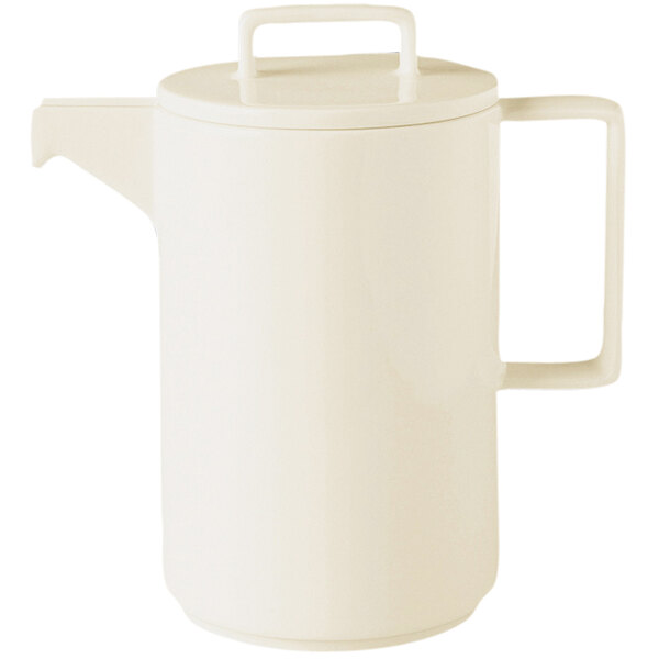 A RAK Porcelain white porcelain coffee pot with a lid and handle.
