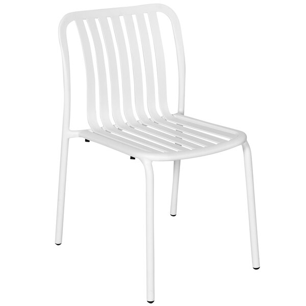 A BFM Seating white aluminum chair with vertical slats.