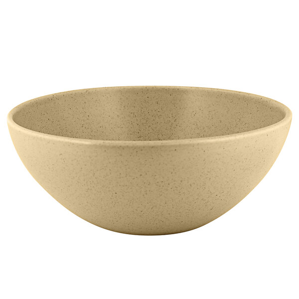 A close-up of a RAK Porcelain Silky Almond Genesis cereal bowl.
