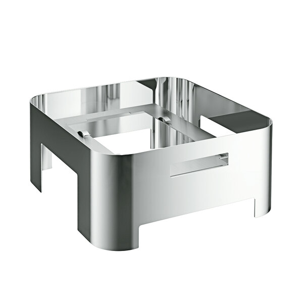 A silver metal Hepp by Bauscher stand with a square cut out and holes.