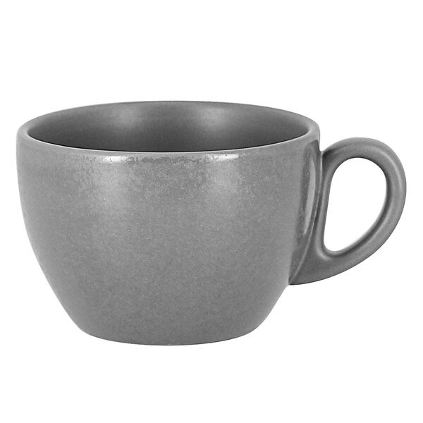 A grey RAK Porcelain coffee cup with a handle.
