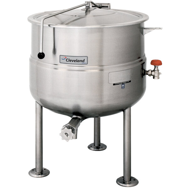 A Cleveland 60 gallon stainless steel stationary steam kettle with a lid and valve.