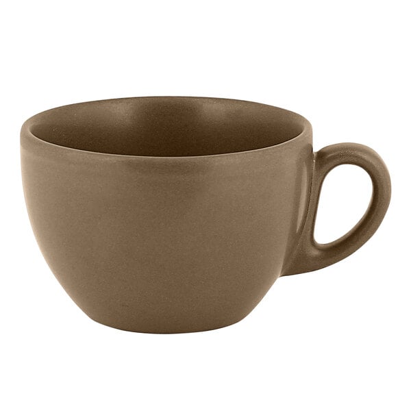 A brown RAK Porcelain coffee cup with a handle.