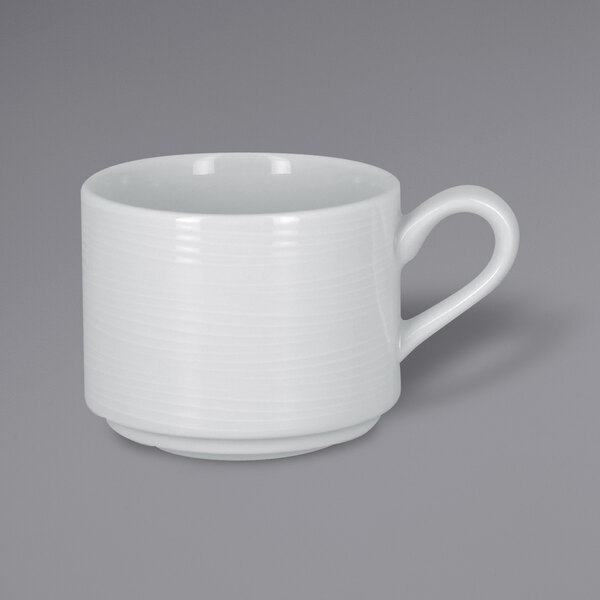 A RAK Porcelain bright white coffee cup with a handle.