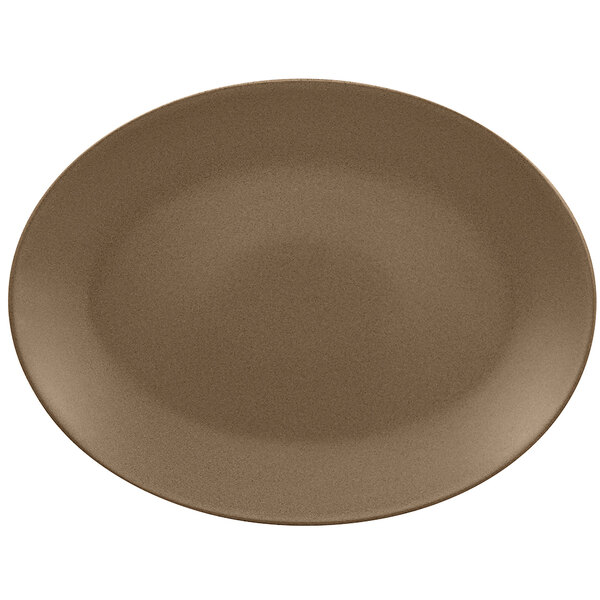 A brown oval porcelain platter with a white background.