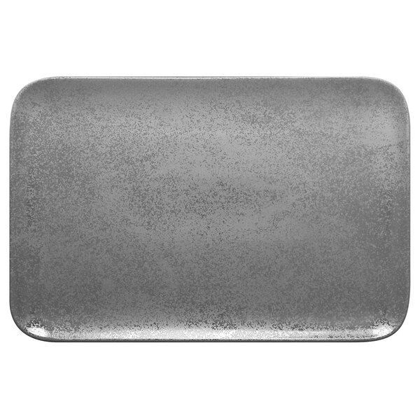 A grey rectangular RAK Porcelain plate with specks.