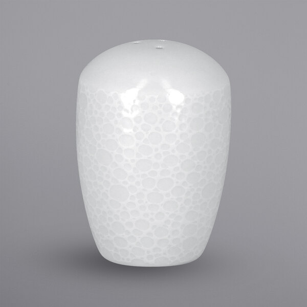 A white ceramic salt shaker with an embossed round lid.