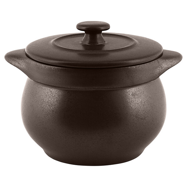 A black round porcelain soup tureen with a lid.