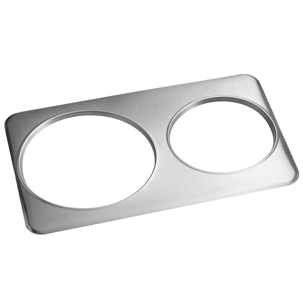 A stainless steel Choice steam table adapter plate with two circles.