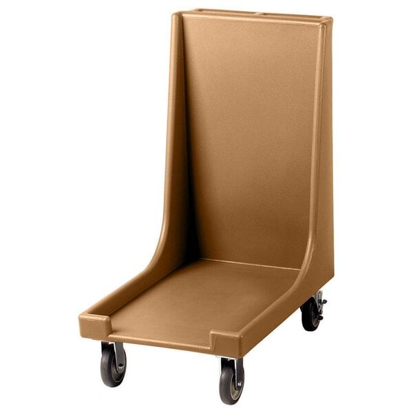 A brown plastic cart with black wheels.