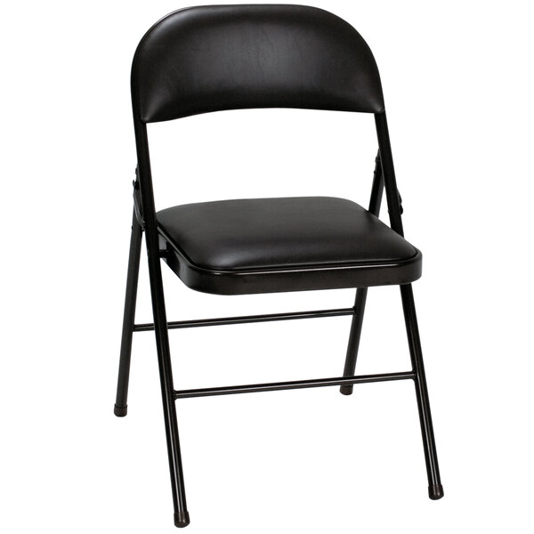A Bridgeport Essentials black vinyl padded folding chair with a steel powder coated frame.