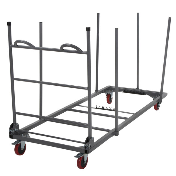A gray ZOWN metal rectangular table dolly with red wheels.